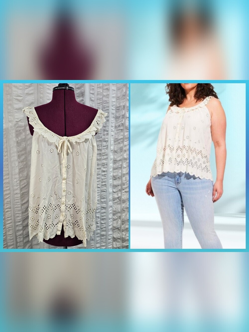 Torrid Cream Eyelet Challis Swing Cami Top Ruffled Straps Tie Button Front
